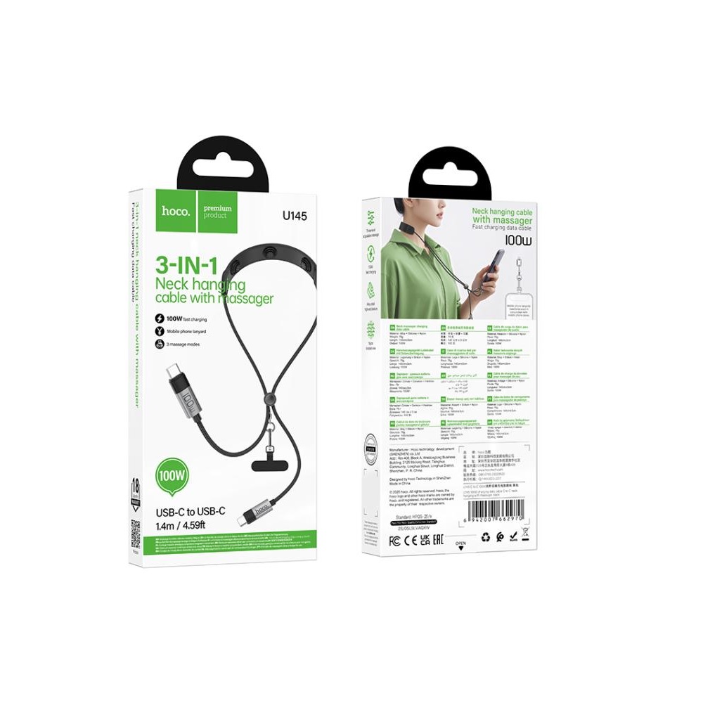 CABLE HOCO U145 TIPO-C A TIPO-C 100W CUELLO CON MASAJEADOR NEGRO - 3