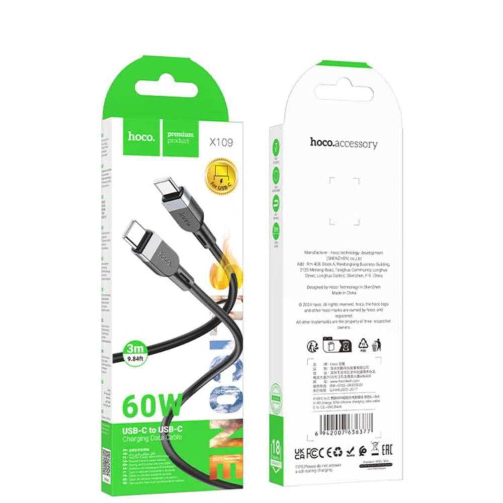 CABLE HOCO X109 ENERGY SILICONA TIPO-C A TIPO-C 60W 3M NEGRO - 3