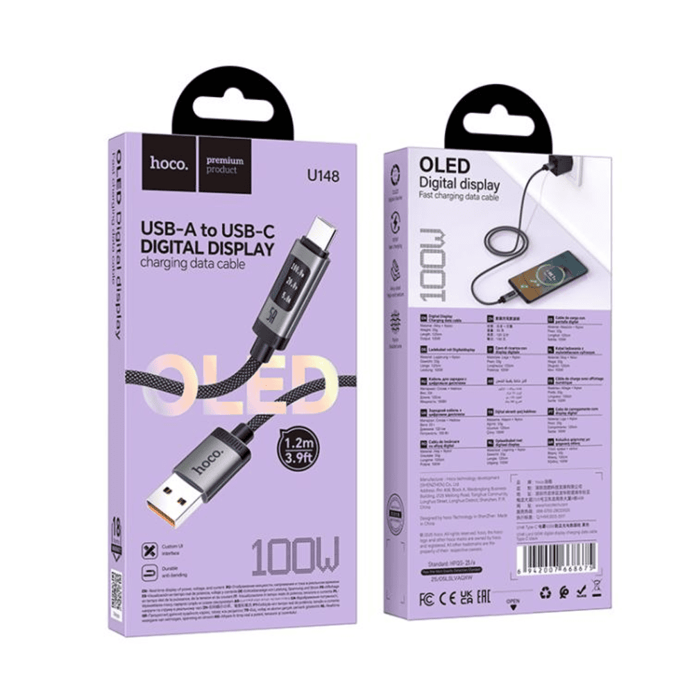 CABLE HOCO U148 LORD USB A TIPO-C 100W CON PANTALLA NEGRO - 3