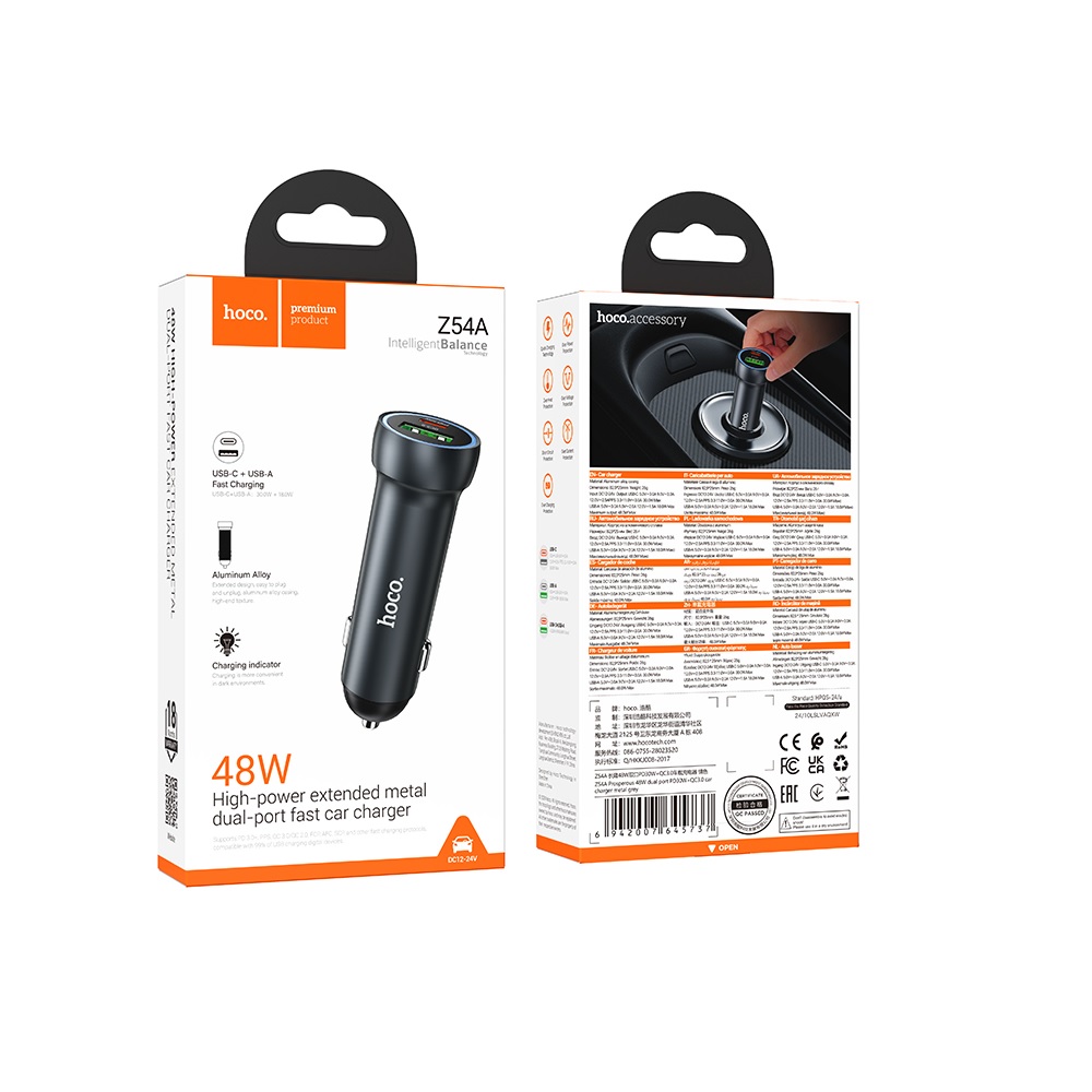 CARGADOR PARA AUTO HOCO Z54A 48W PD30W CARGA RAPIDA DUAL NEGRO - 3