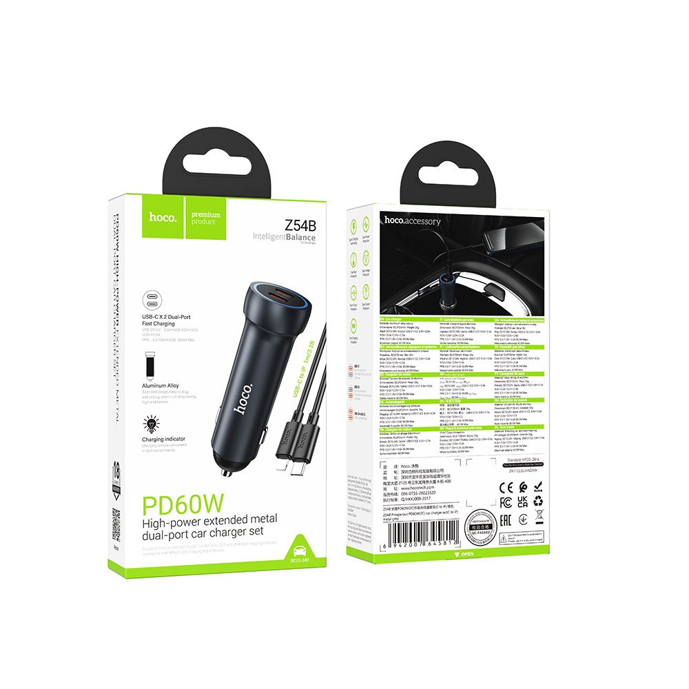 CARGADOR PARA AUTO HOCO Z54B PD60W CABLE TIPO C A IP GRIS - 3