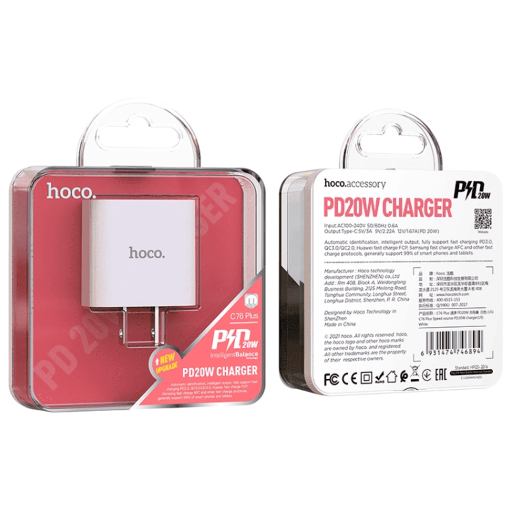 CARGADOR HOCO C76 PLUS DADO TIPO C CARGA RAPIDA 20W BLANCO - 3