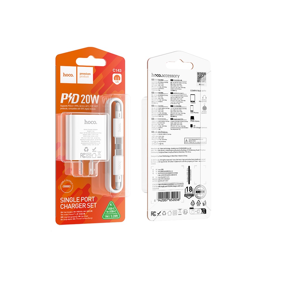 CARGADOR HOCO C143 PD20W CABLE TIPO C A TIPO C BLANCO - 3