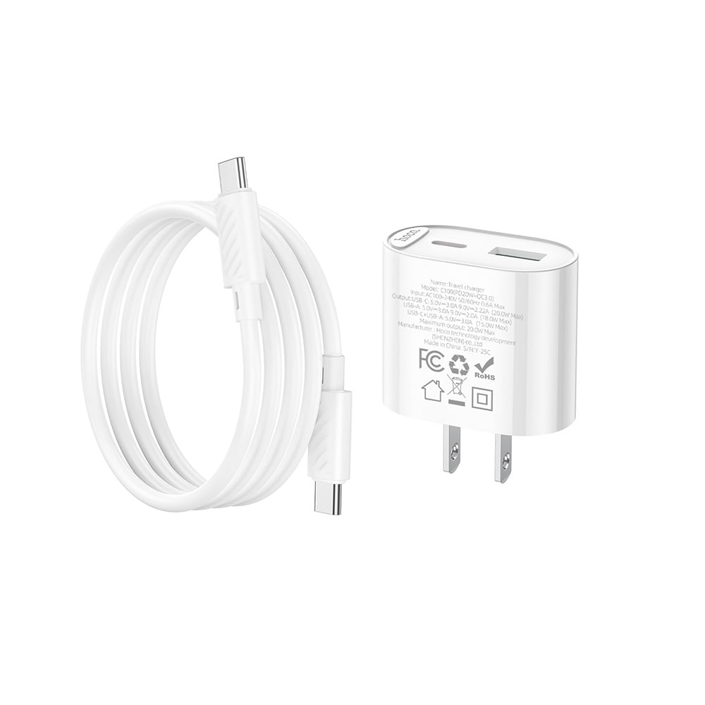 CARGADOR HOCO C109 PD20W QC3.0 CABLE TIPO C A TIPO C BLANCO - 2