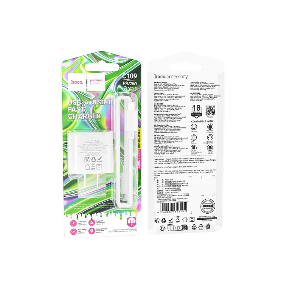 CARGADOR HOCO C109 PD20W QC3.0 CABLE TIPO C A TIPO C BLANCO - 3