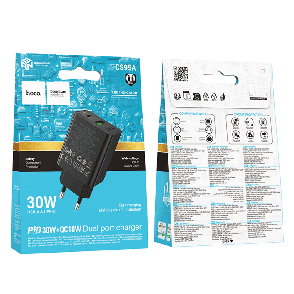 CARGADOR HOCO CS95 LEADER CARGA RAPIDA DUAL PD30W QC3.0 NEGRO - 3