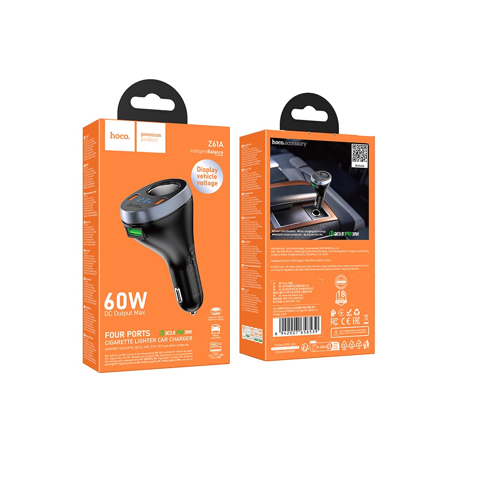 CARGADOR PARA AUTO HOCO Z61A PD60W TRES PUERTOS NEGRO - 3