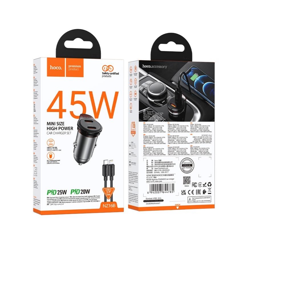 CARGADOR PARA AUTO HOCO NZ16B PD45W CABLE TIPO C A IP GRIS - 3