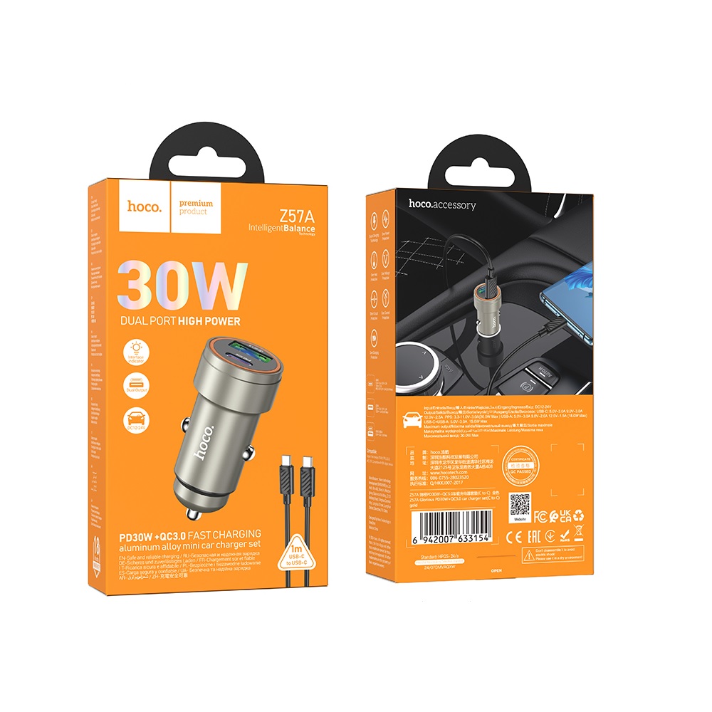 CARGADOR PARA AUTO HOCO Z57A PD30W QC3.0 CABLE TIPO C A C GRIS - 3
