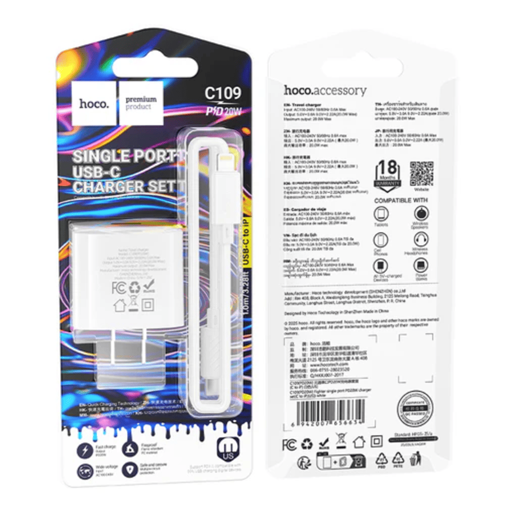 CARGADOR HOCO C109 PD20W CABLE TIPO C A IP BLANCO - 3