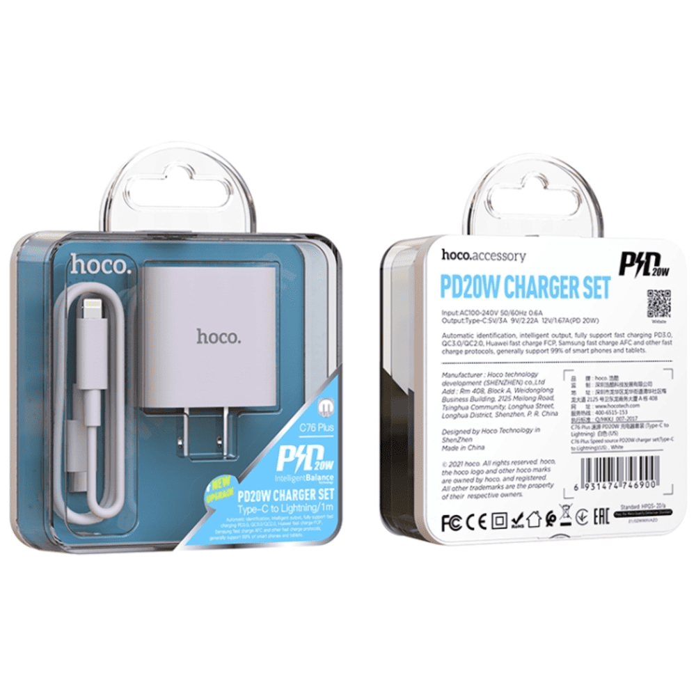 CARGADOR HOCO C76 PLUS PD20W CABLE TIPO C A IPBLANCO - 3
