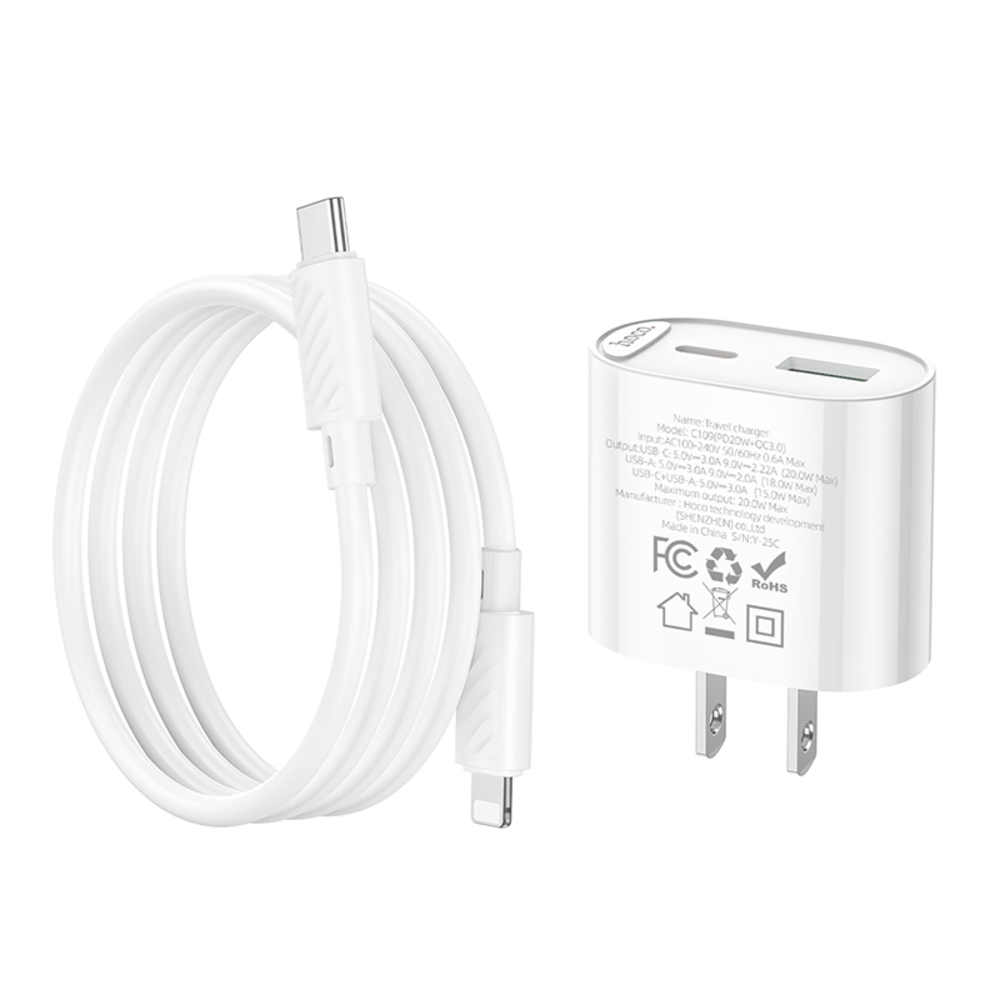 CARGADOR HOCO C109 PD20W QC3.0 CABLE TIPO C A IP BLANCO - 2