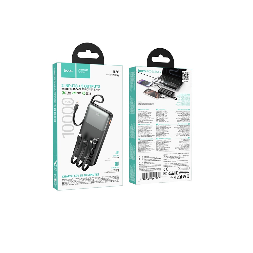 POWER BANK 10000MAH HOCO J156 FOUNDER 4 CABLES 22.5W NEGRO - 3