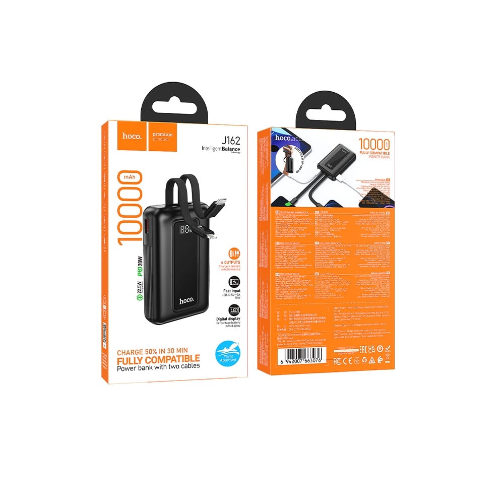 POWER BANK 10000MAH HOCO J162 FULL POWER 2 CABLES 22.5W NEGRO - 3