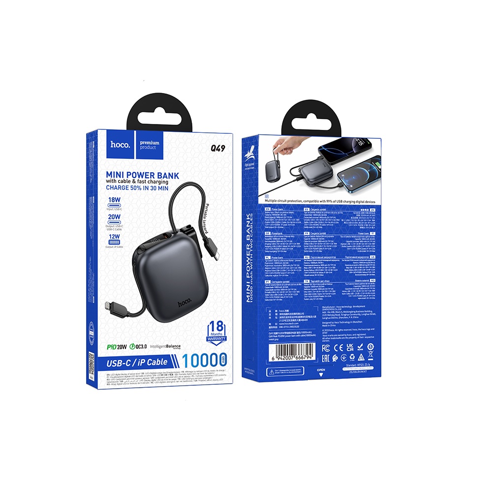 POWER BANK 10000MAH HOCO Q49 PEAK CON CABLE PD20W METAL GRIS - 3