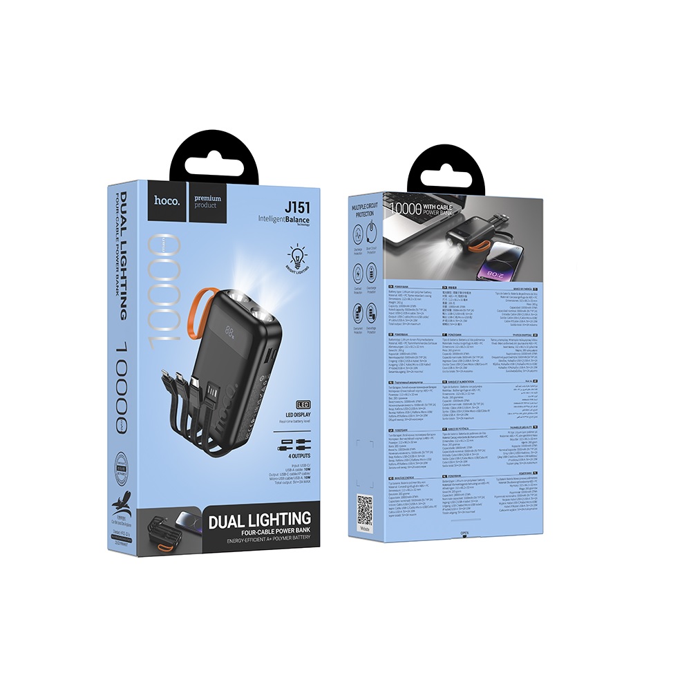 POWER BANK 10000MAH HOCO J151 SPIRIT 4 CABLES LINTERNA NEGRO - 3