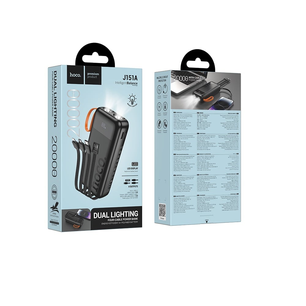 POWER BANK 20000MAH HOCO J151A SPIRIT 4 CABLES LINTERNA NEGRO - 3