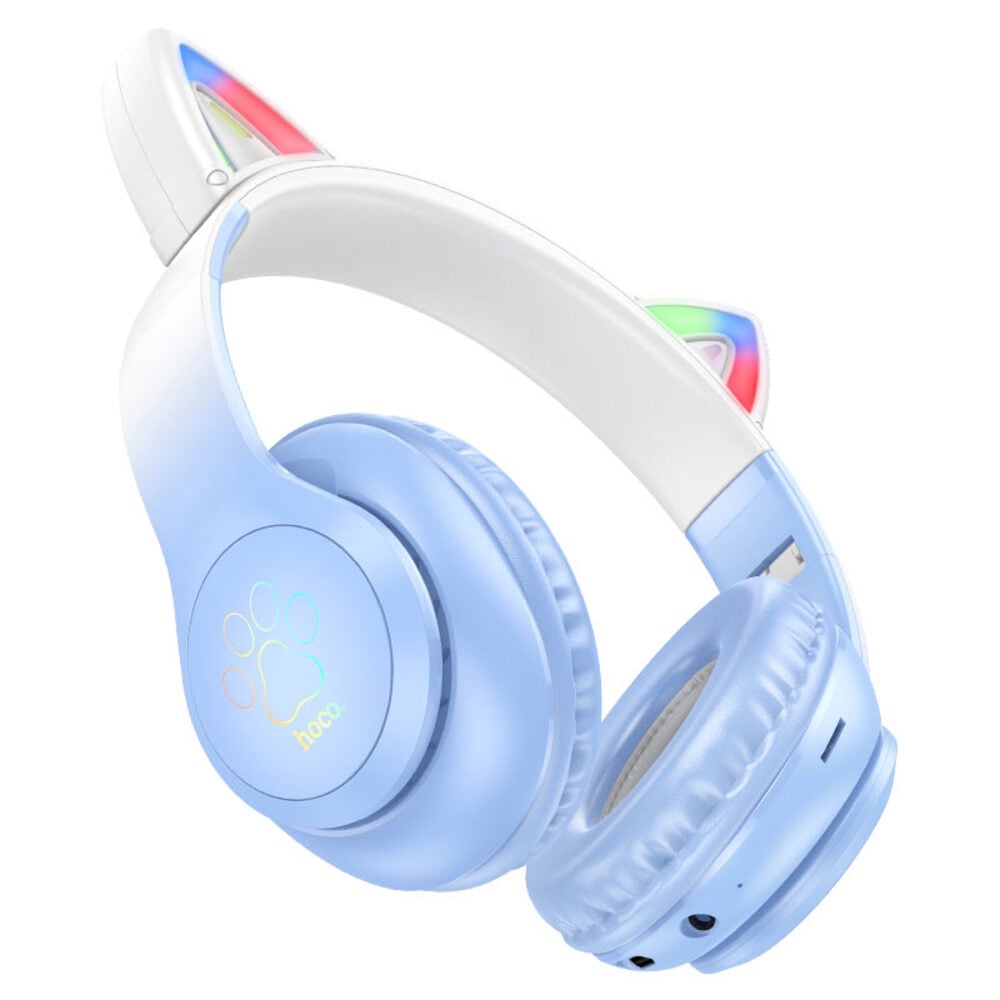 AUDIFONOS BLUETOOTH HOCO W42 OREJAS GATO DIADEMA CON LUCES CELESTE - 1