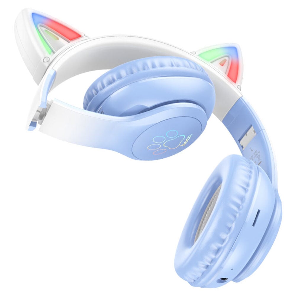 AUDIFONOS BLUETOOTH HOCO W42 OREJAS GATO DIADEMA CON LUCES CELESTE - 2
