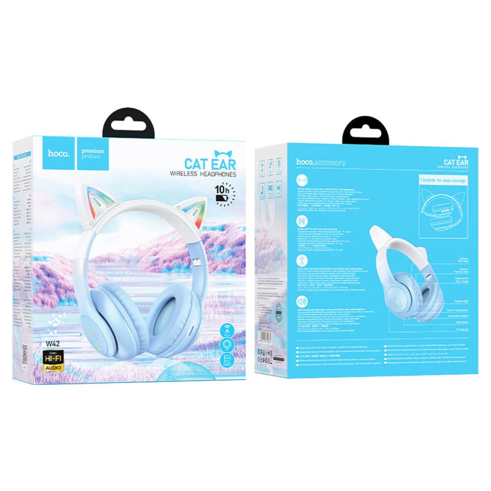 AUDIFONOS BLUETOOTH HOCO W42 OREJAS GATO DIADEMA CON LUCES CELESTE - 3