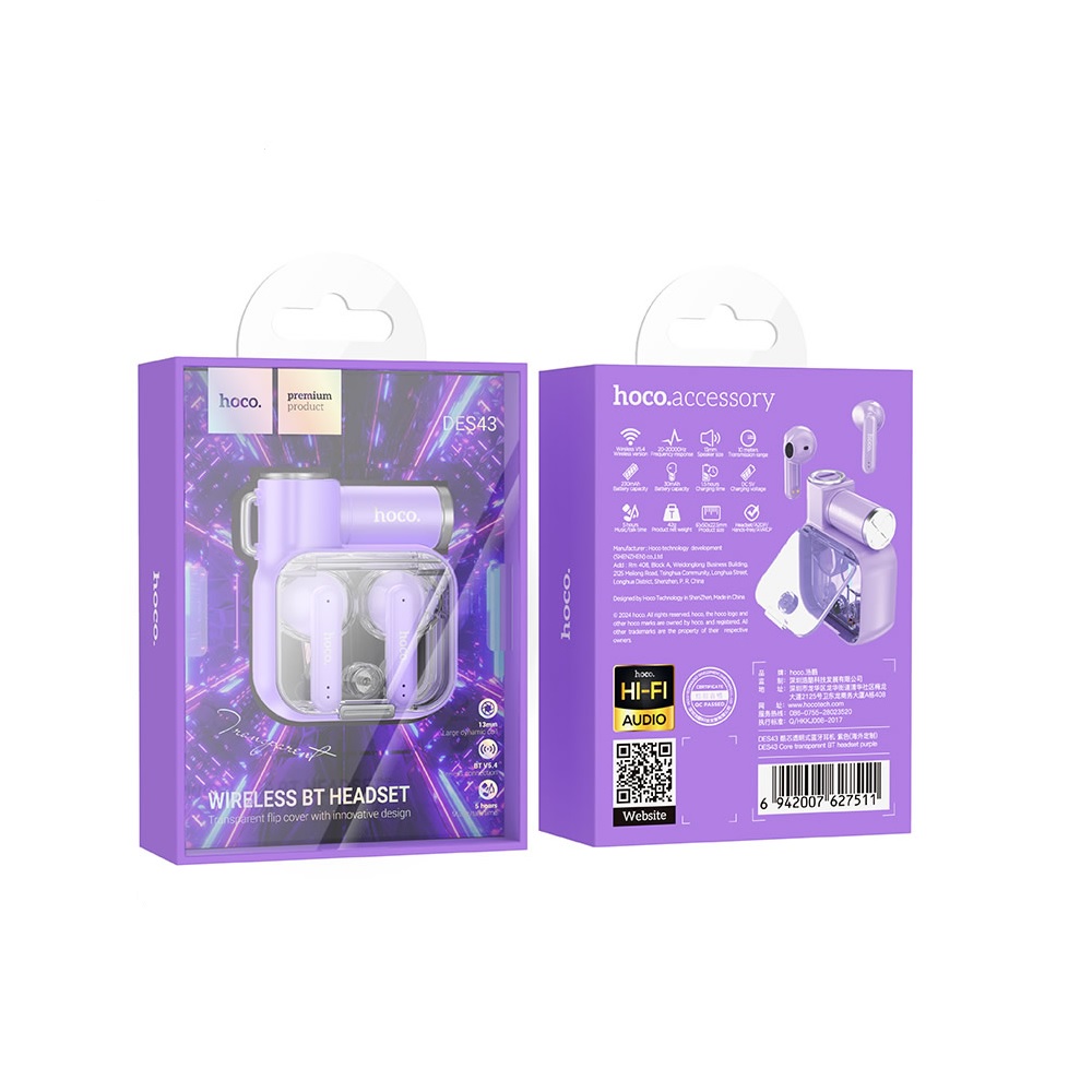 AUDÍFONOS INALAMBRICOS HOCO DES43 BLUETOOTH TRANSPARENTE PURPULA - 3