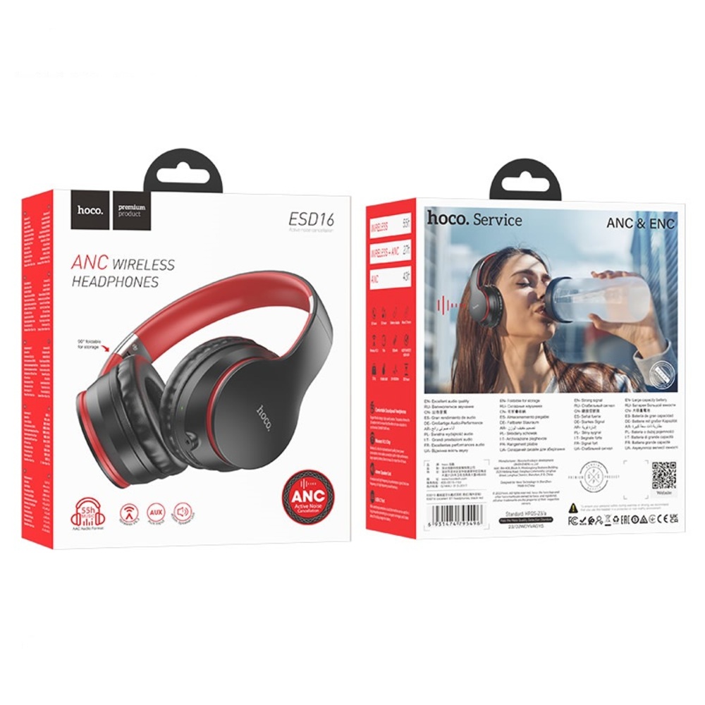 AUDIFONOS BLUETOOTH HOCO ESD16 DIADEMA OREJERAS NEGRO-ROJO - 3