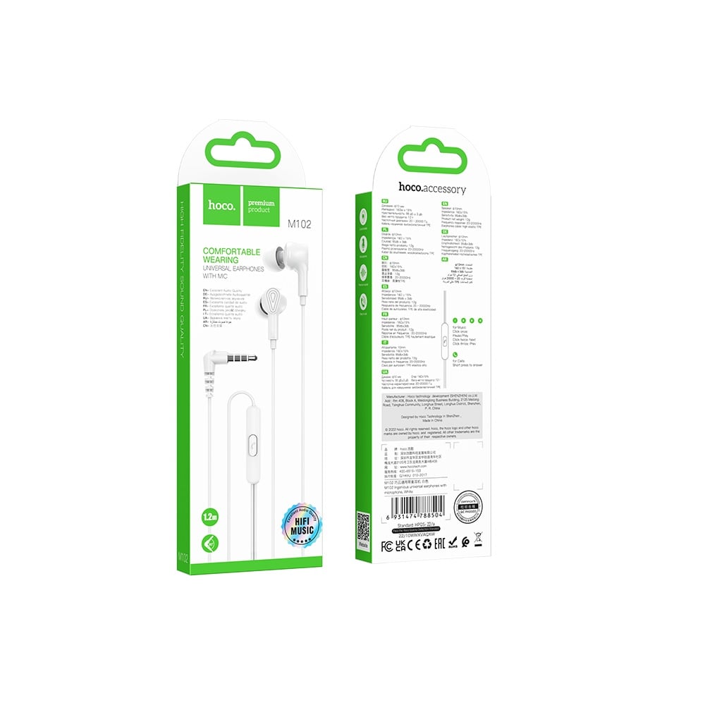 AUDÍFONO CON MICRÓFONO HOCO M102 ALÁMBRICO JACK 3.5MM BLANCO - 3