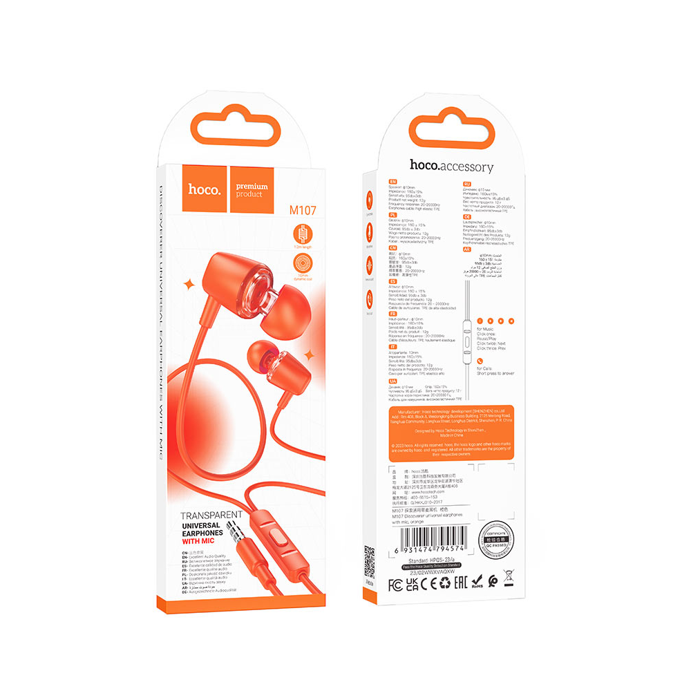 AUDÍFONO CON MICRÓFONO HOCO M107 ALÁMBRICO JACK 3.5MM NARANJA - 3