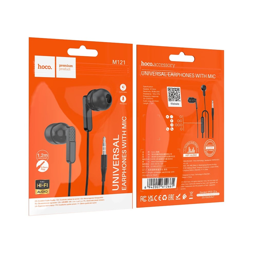 AUDÍFONO CON MICRÓFONO HOCO M121 ALÁMBRICO JACK 3.5MM NEGRO - 3