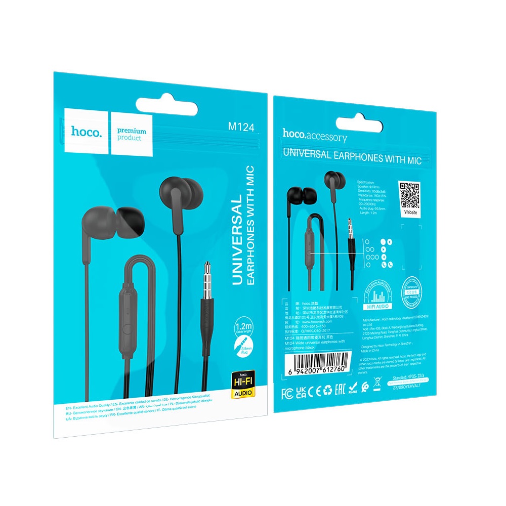 AUDÍFONO CON MICRÓFONO HOCO M124 ALÁMBRICO JACK 3.5MM NEGRO - 3
