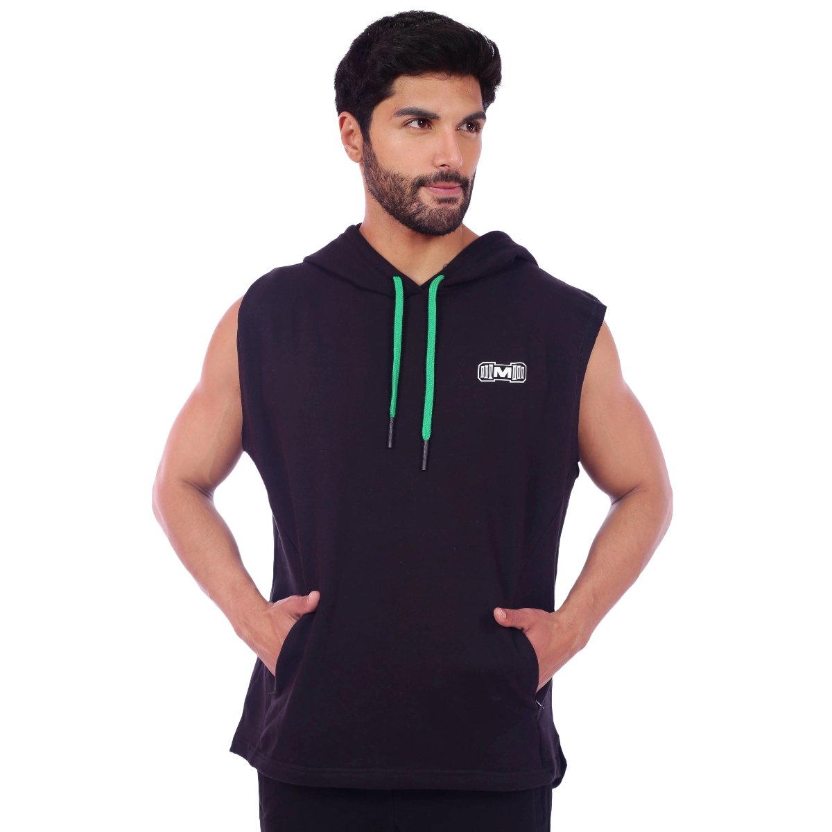 POLERA HOMBRE MUSCLE MUSEUM NEGRO MANGA CERO Y VERDE CON BOLSILLO DELANTERO CON CIERRE - 1