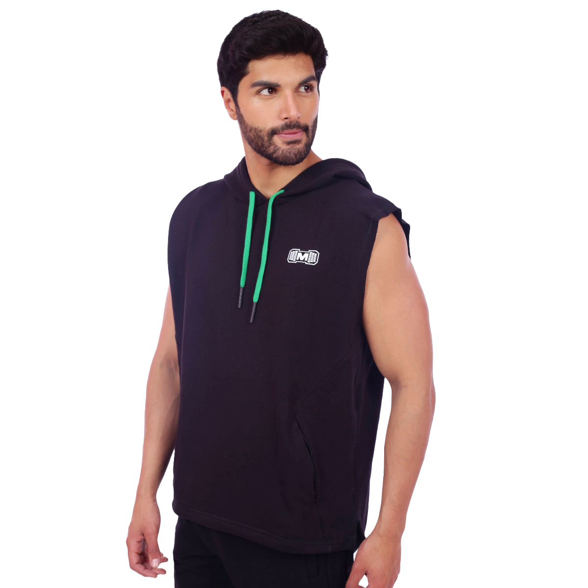 POLERA HOMBRE MUSCLE MUSEUM NEGRO MANGA CERO Y VERDE CON BOLSILLO DELANTERO CON CIERRE - 2