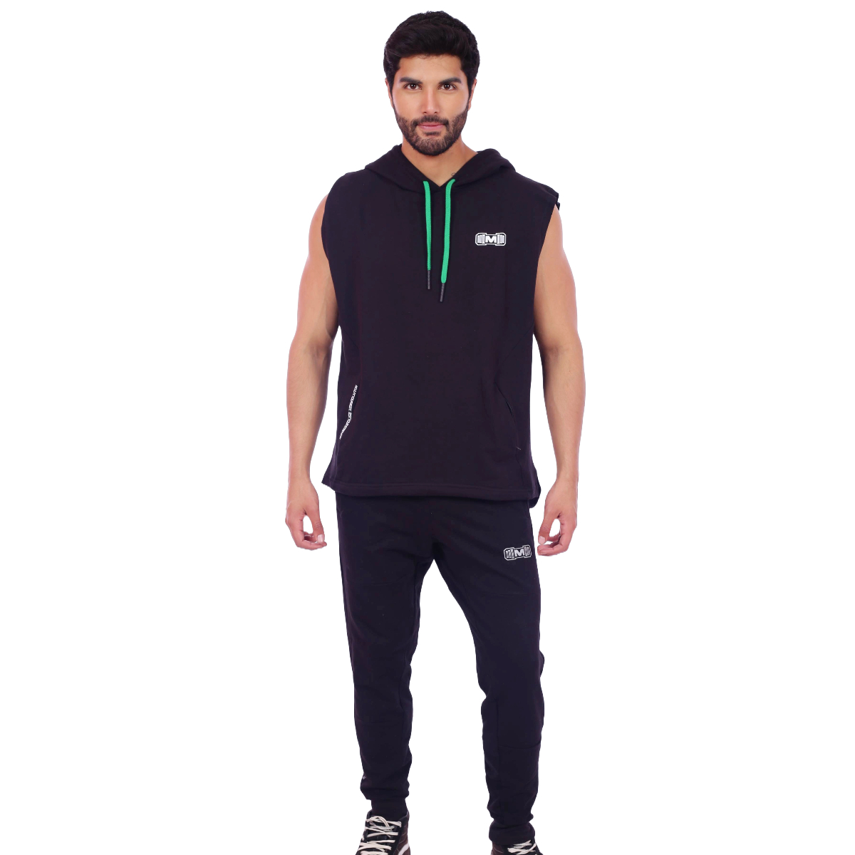 POLERA HOMBRE MUSCLE MUSEUM NEGRO MANGA CERO Y VERDE CON BOLSILLO DELANTERO CON CIERRE - 4
