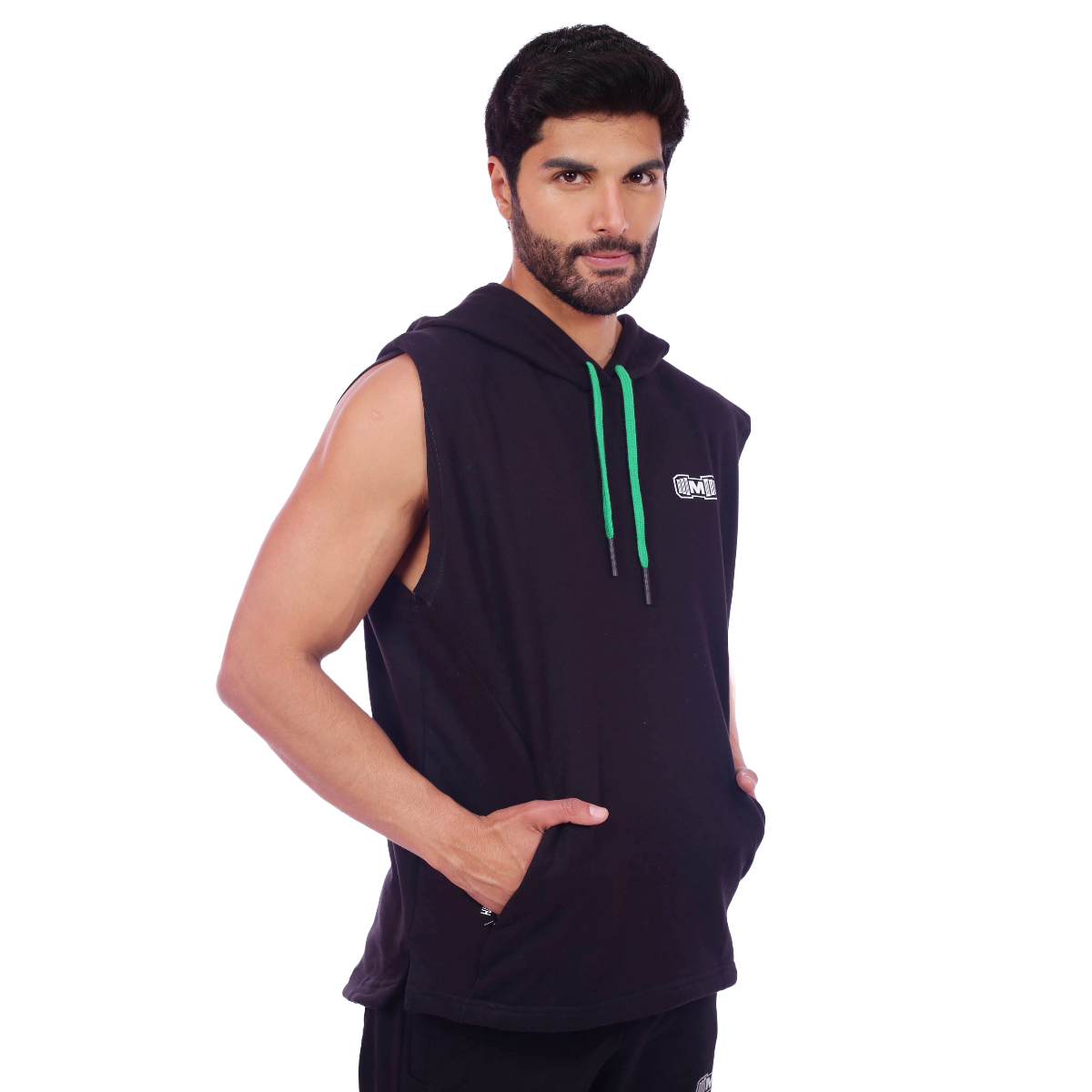 POLERA HOMBRE MUSCLE MUSEUM NEGRO MANGA CERO Y VERDE CON BOLSILLO DELANTERO CON CIERRE - 5