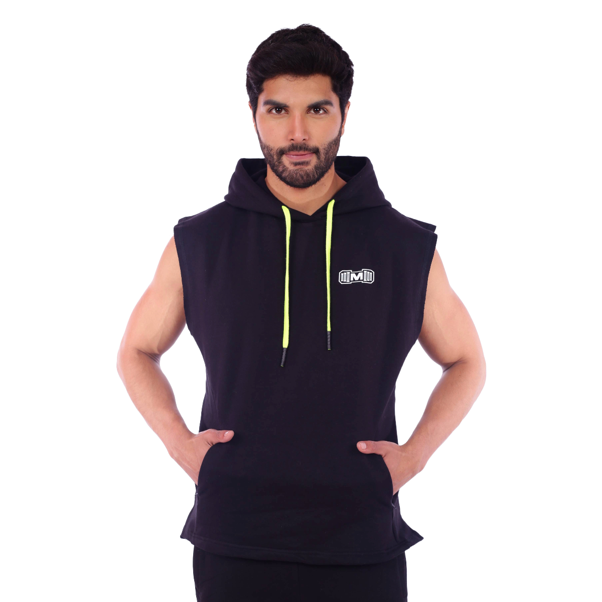 POLERA HOMBRE MUSCLE MUSEUM NEGRO MANGA CERO Y AMARILLO FOSFORESCENTE CON BOLSILLO DELANTERO CON CIERRE - 2