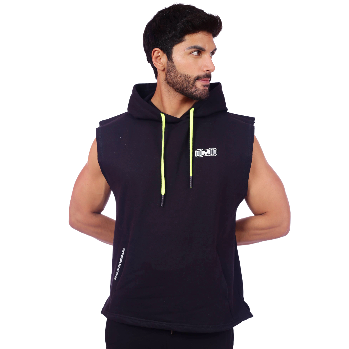 POLERA HOMBRE MUSCLE MUSEUM NEGRO MANGA CERO Y AMARILLO FOSFORESCENTE CON BOLSILLO DELANTERO CON CIERRE - 3