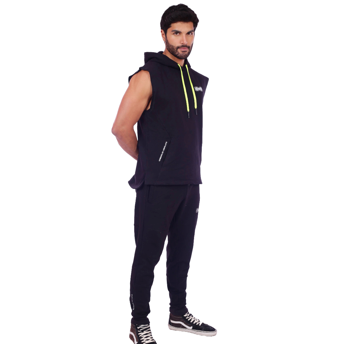 POLERA HOMBRE MUSCLE MUSEUM NEGRO MANGA CERO Y AMARILLO FOSFORESCENTE CON BOLSILLO DELANTERO CON CIERRE - 5