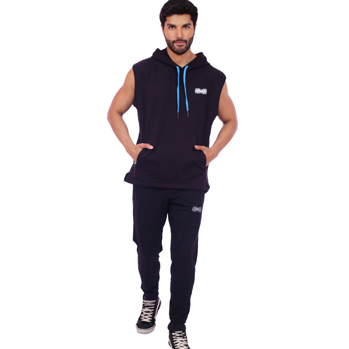 POLERA HOMBRE MUSCLE MUSEUM NEGRO Y AZUL MANGA CERO CON BOLSILLO DELANTERO CON CIERRE - 2