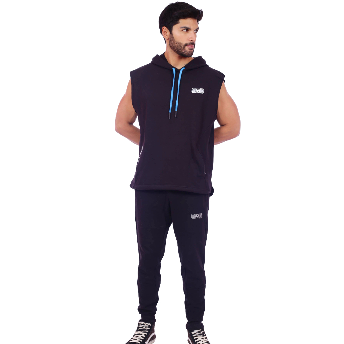 POLERA HOMBRE MUSCLE MUSEUM NEGRO Y AZUL MANGA CERO CON BOLSILLO DELANTERO CON CIERRE - 3