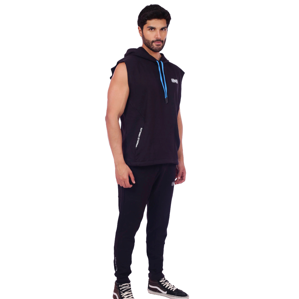 POLERA HOMBRE MUSCLE MUSEUM NEGRO Y AZUL MANGA CERO CON BOLSILLO DELANTERO CON CIERRE - 4