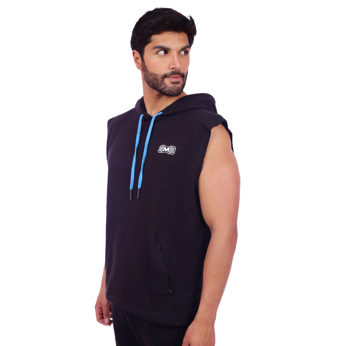 POLERA HOMBRE MUSCLE MUSEUM NEGRO Y AZUL MANGA CERO CON BOLSILLO DELANTERO CON CIERRE - 5