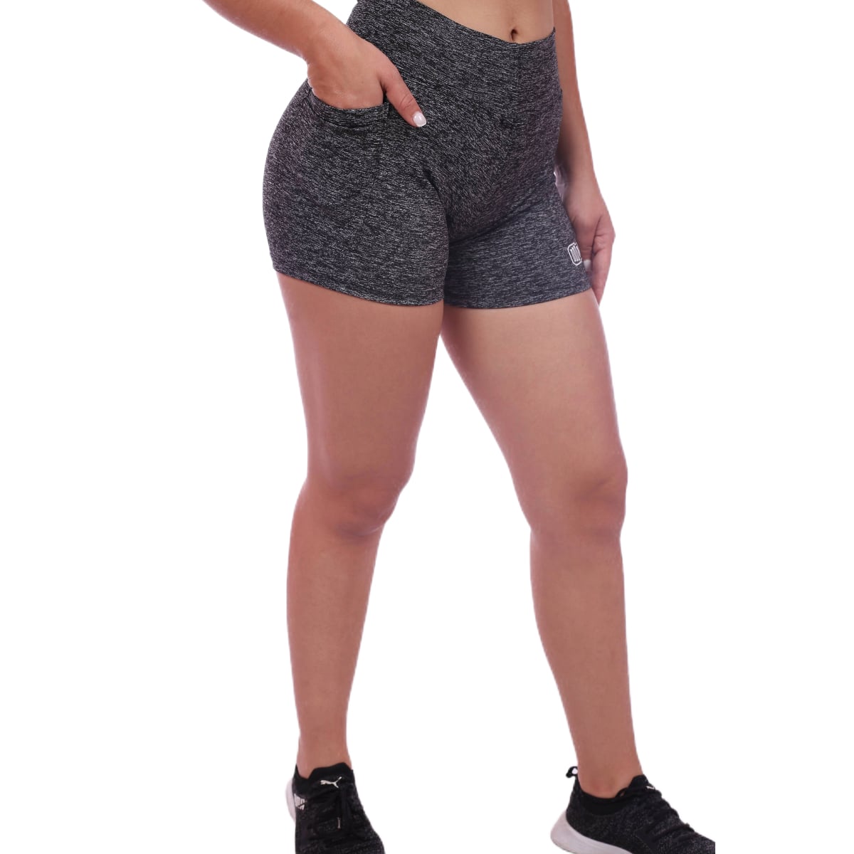 SHORT TODA ACTIVIDAD MUJER MUSCLE MUSEUM NEGRO PANTALONETA CON BOLSILLO LATERAL JASPEADO - 5