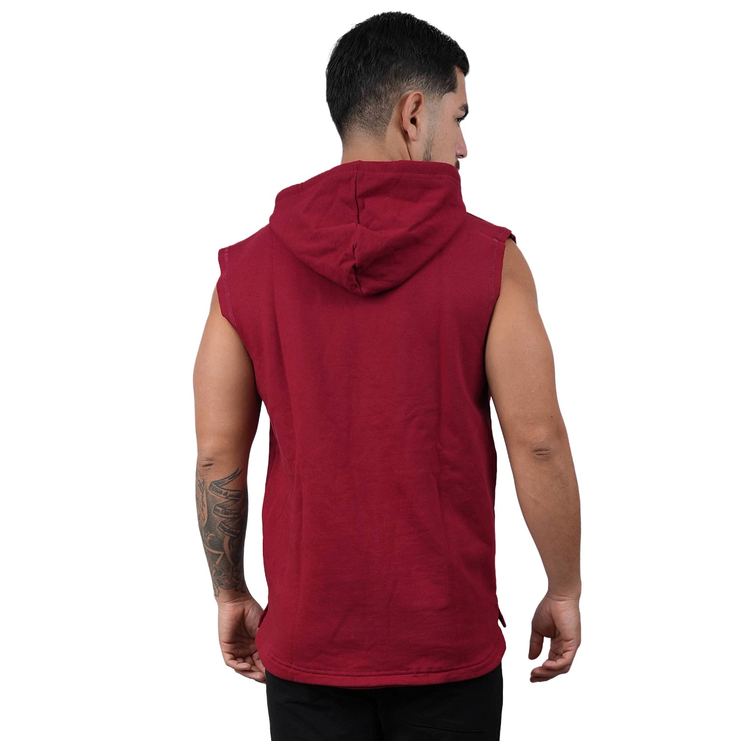 POLERA MANGA CERO MUSCLE MUSEUM COLOR ROJO OSCURO Y BLANCO CON BOLSILLO DELANTERO CON CIERRE PARA HOMBRES - 4