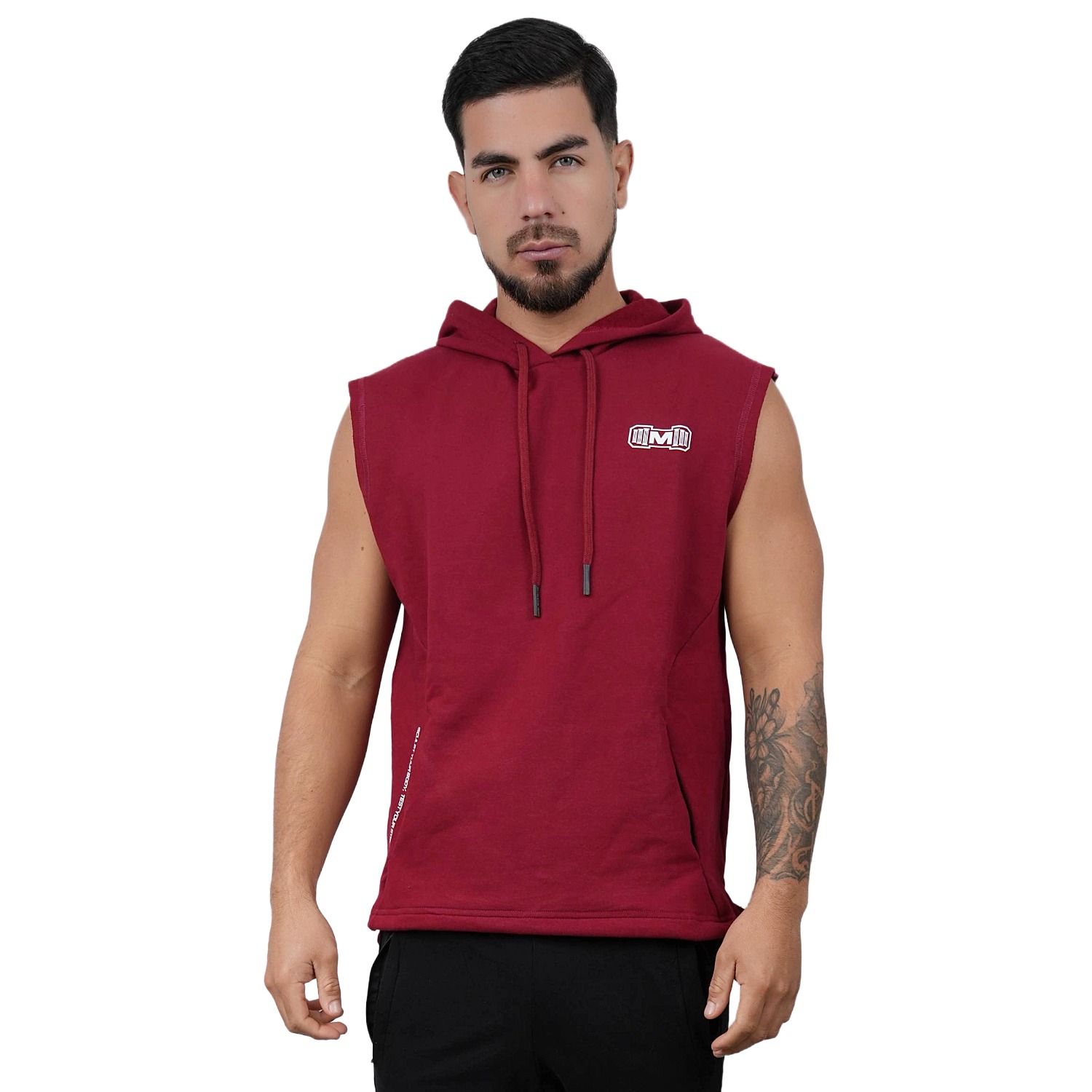 POLERA MANGA CERO MUSCLE MUSEUM COLOR ROJO OSCURO CON BOLSILLO DELANTERO CON CIERRE PARA HOMBRES - 1
