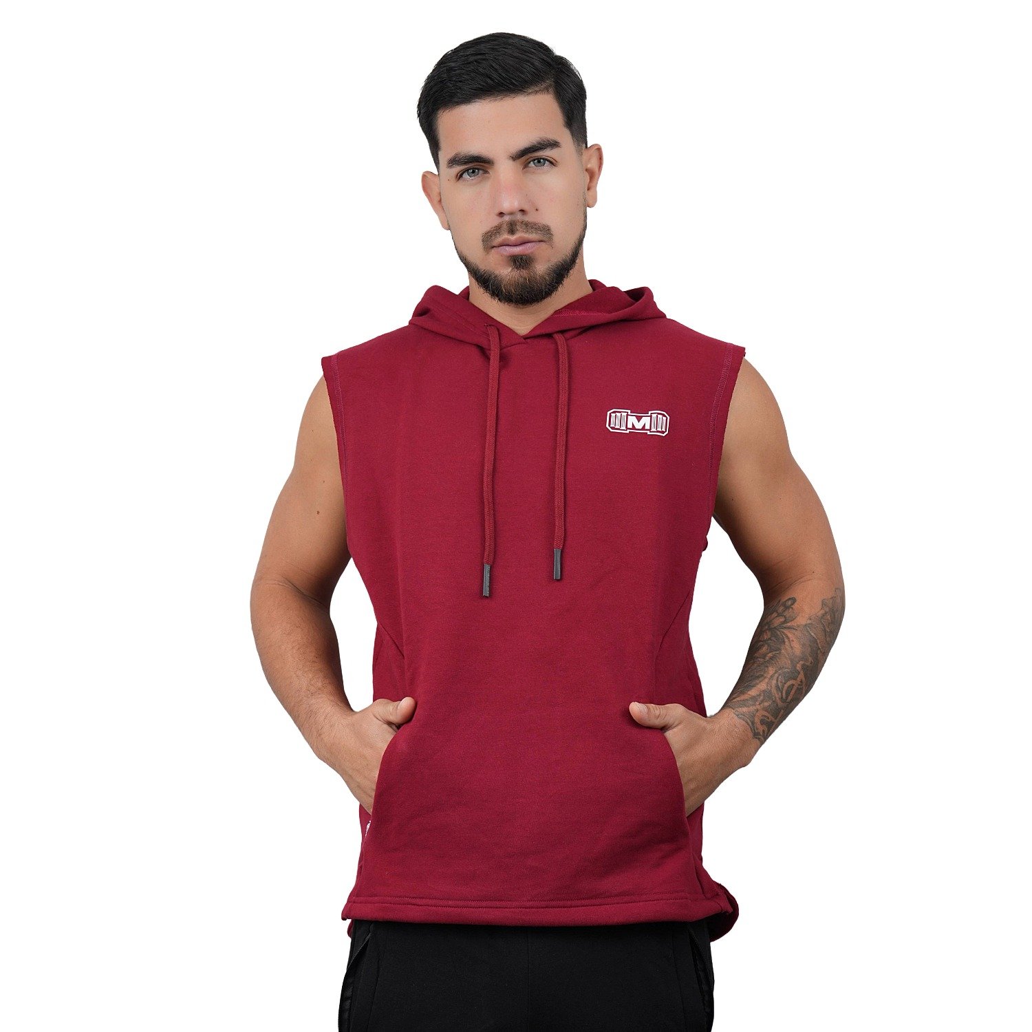 POLERA MANGA CERO MUSCLE MUSEUM COLOR ROJO OSCURO CON BOLSILLO DELANTERO CON CIERRE PARA HOMBRES - 5
