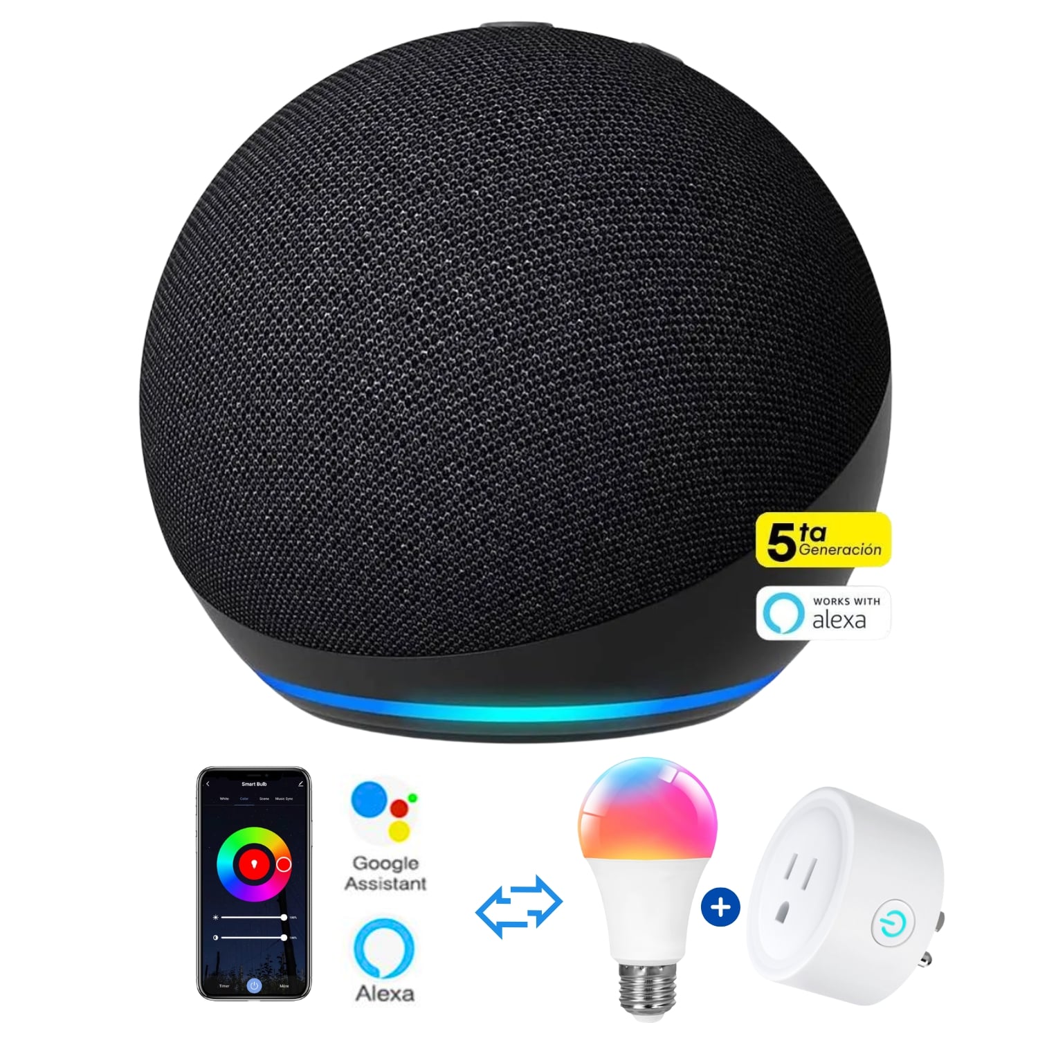 AMAZON ALEXA ECHO DOT 5TA GEN NEGRO + FOCO INTELIGENTE + ENCHUFE INTELIGENTE - 1
