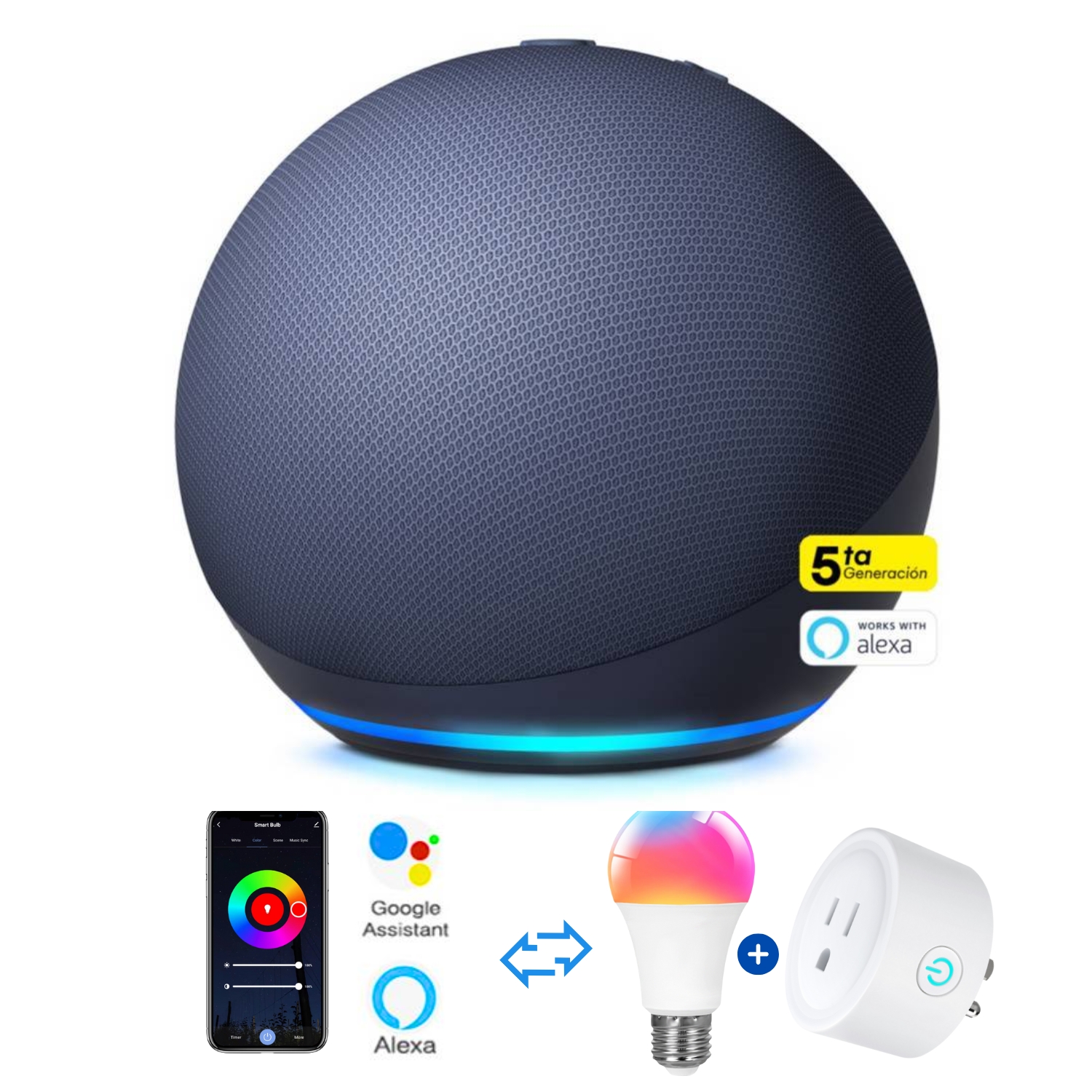 AMAZON ALEXA ECHO DOT 5TA GEN. AZUL + FOCO INTELIGENTE + ENCHUFE INTELIGENTE - 1