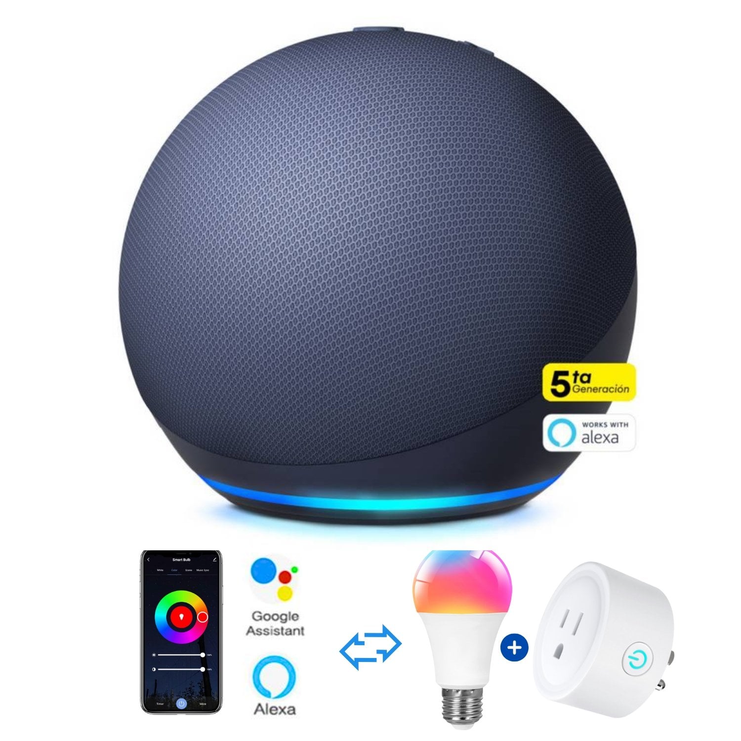 AMAZON ALEXA ECHO DOT 5TA GEN. AZUL + FOCO INTELIGENTE + ENCHUFE INTELIGENTE - 1