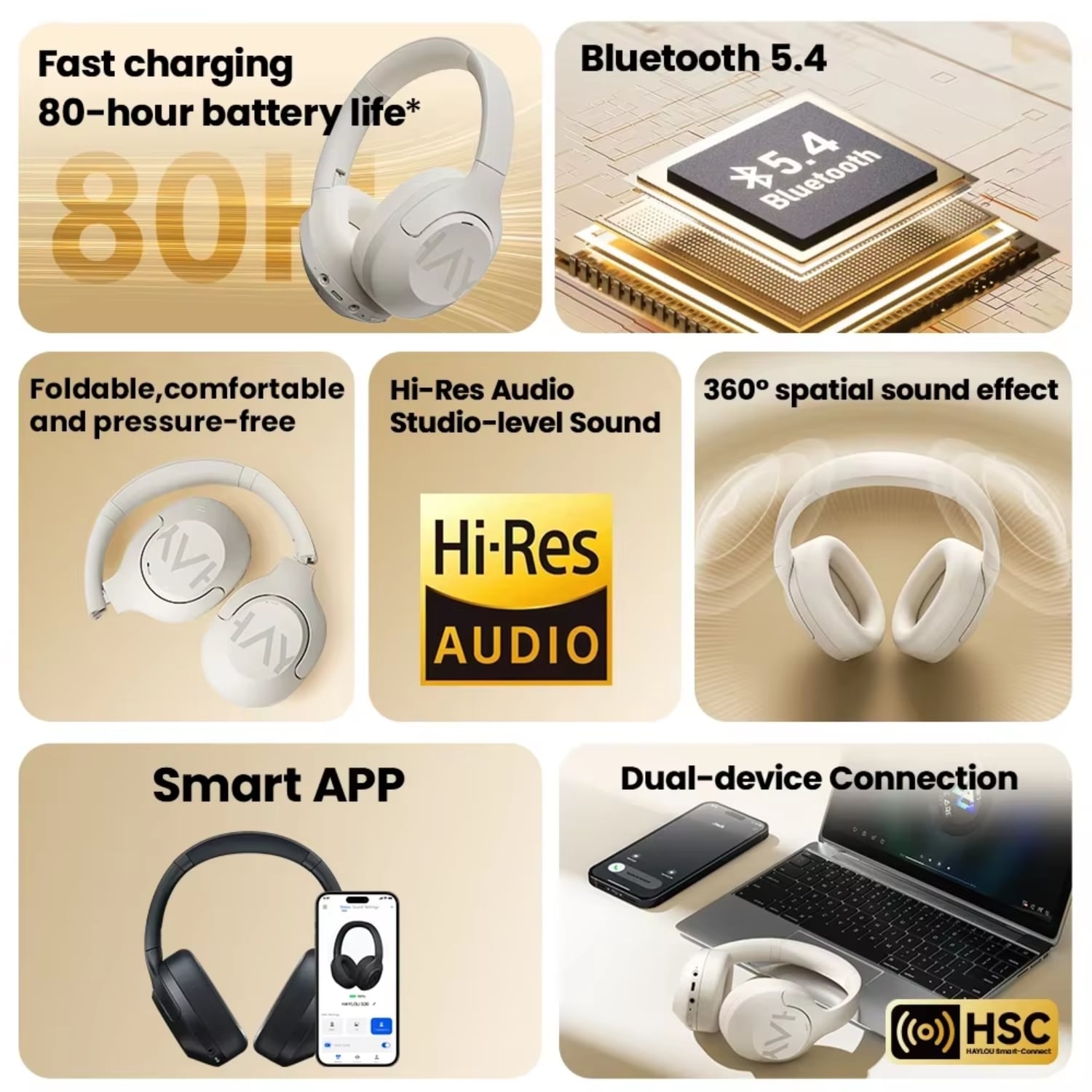 AUDIFONO BLUETOOTH ANC HAYLOU S30 VERSION PRO CON MICRÓFONO - BEIGE - 4