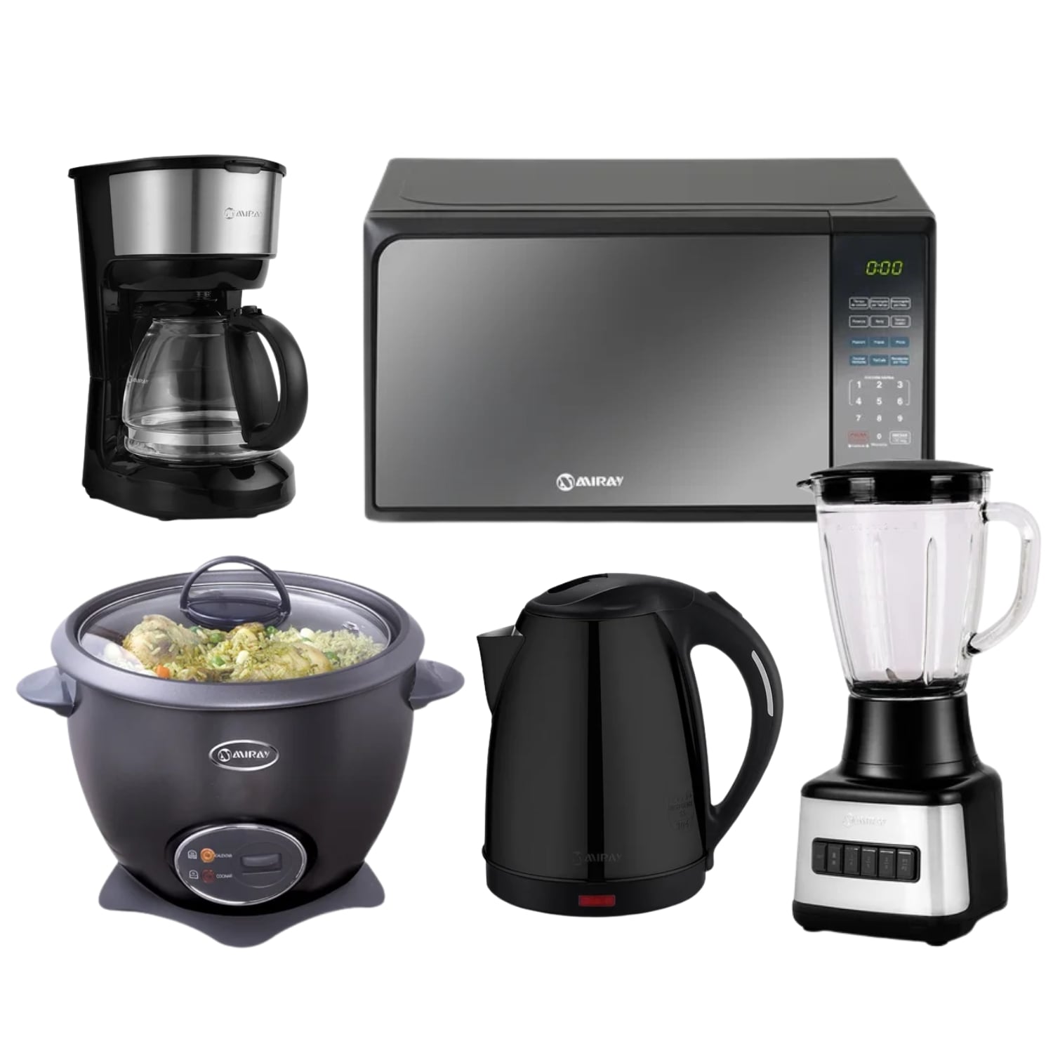 PENTACOMBO MIRAY OLLA ARROCERA NEGRO 1.5L + LICUADORA 1.5L + HORNO MICROONDAS 20L + HERVIDOR 1.8 LITROS NEGRO + CAFETERA 6 TAZAS - 1